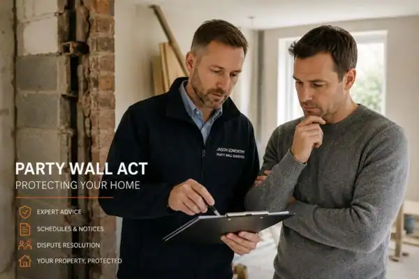 Party wall surveyor Ashtead discussing extension plans with homeowner outside a UK semi-detached house.